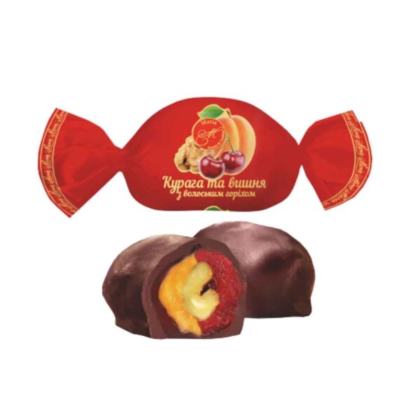 Pralinen Aprikosen und Kirschen mit Walnuss in Glasur, Maria