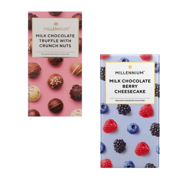 Шоколад молочний з начинкою "Truffle with Crunch Nuts + Berry Cheesecake", набір 2×100 г, Millennium